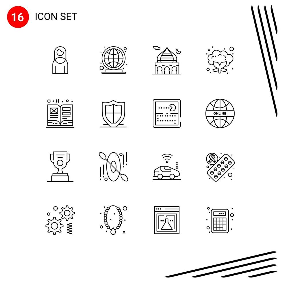 Editable Vector Line Pack of 16 Simple Outlines of book vegetable mosque food pray Editable Vector Design Elements