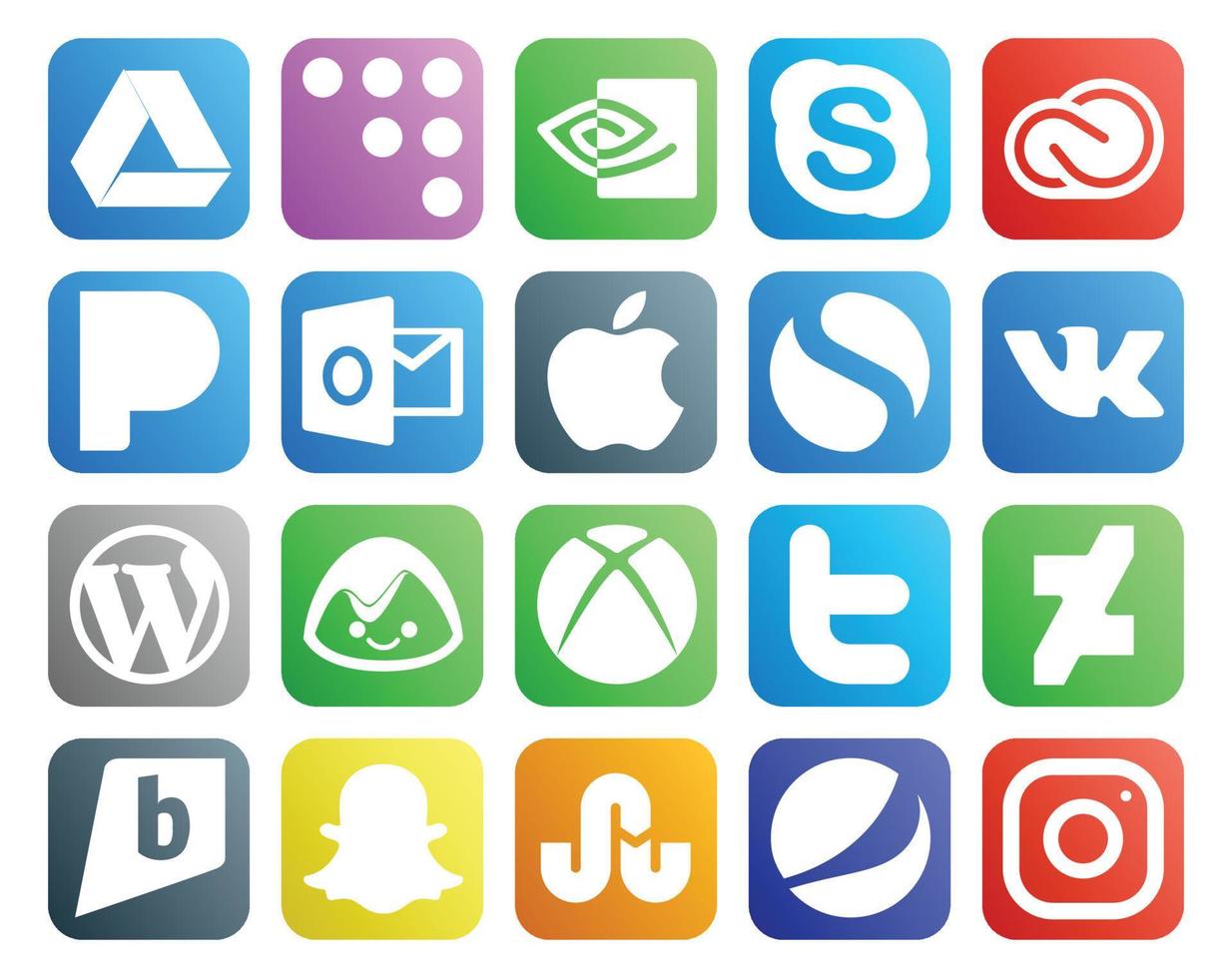 paquete de 20 íconos de redes sociales que incluye twitter basecamp pandora cms vk vector