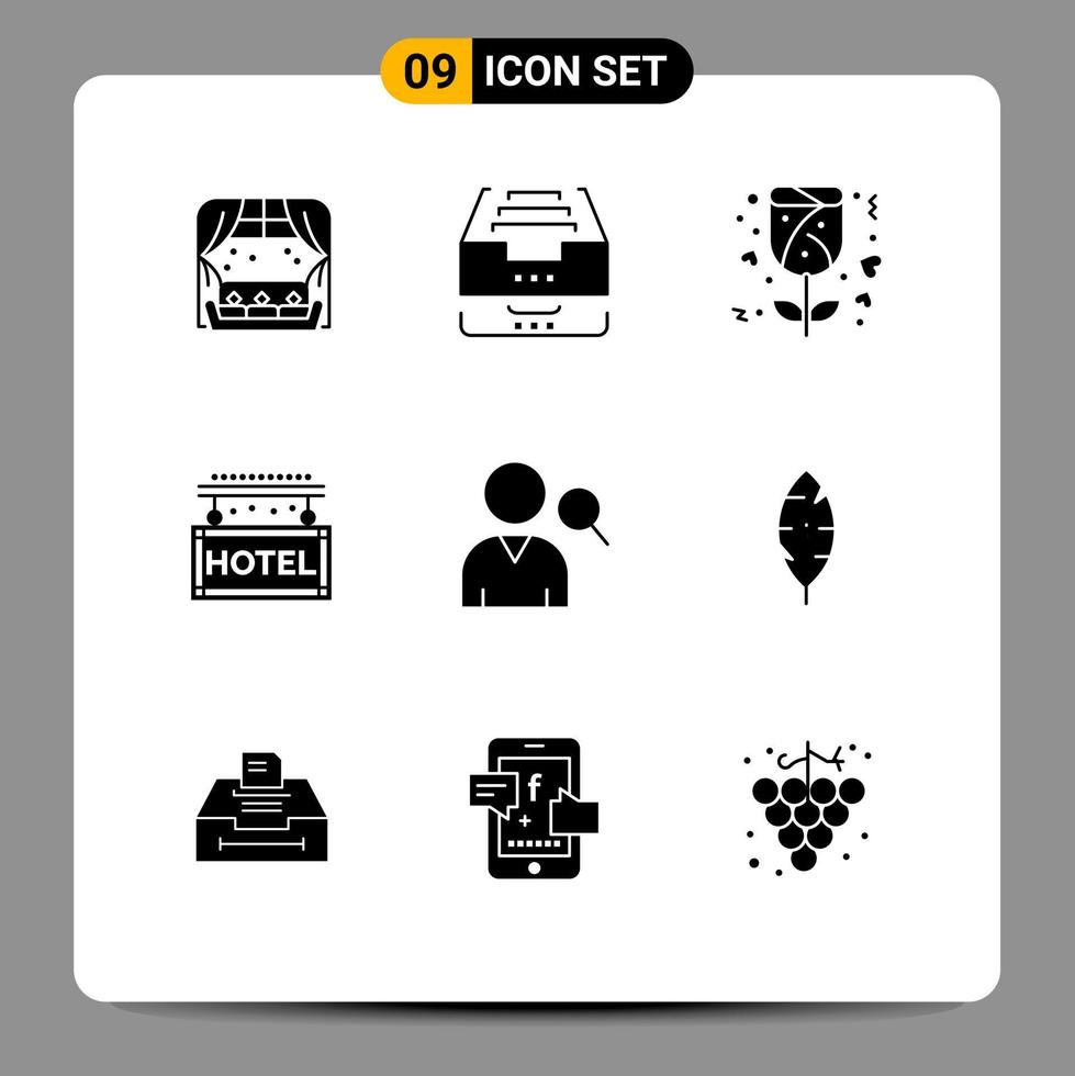 Pack of 9 creative Solid Glyphs of search rest file travel hotel Editable Vector Design Elements