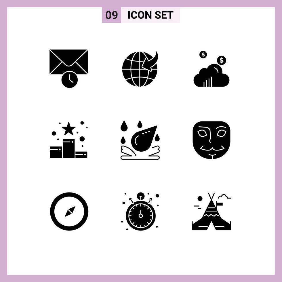 9 Thematic Vector Solid Glyphs and Editable Symbols of anonymous spa dollar water drop ranking Editable Vector Design Elements