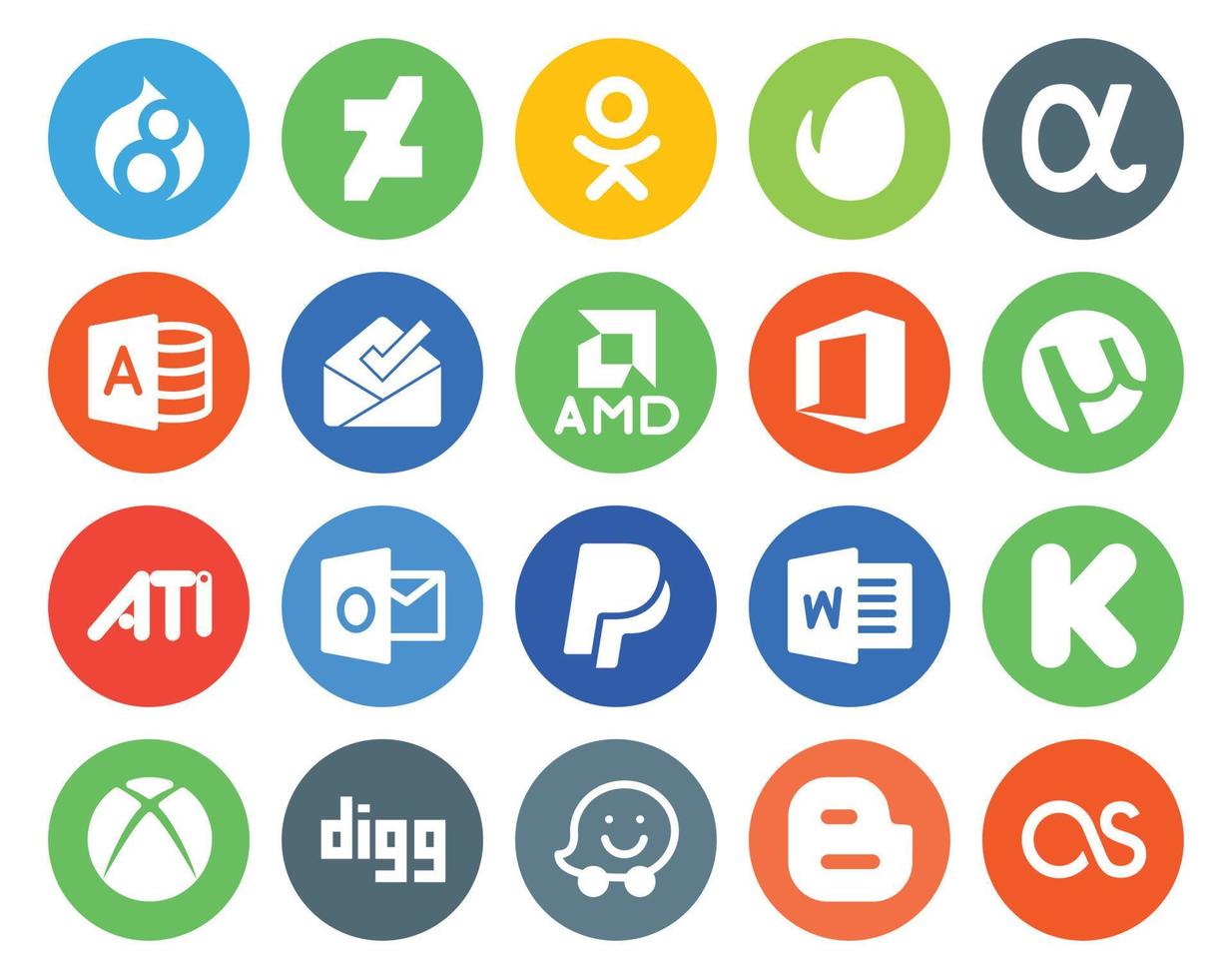 Paquete de 20 íconos de redes sociales que incluye waze xbox office kickstarter paypal vector