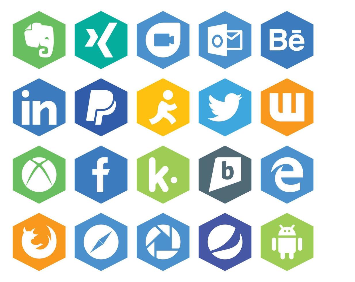 Paquete de 20 íconos de redes sociales que incluye el borde del navegador twitter brightkite facebook vector