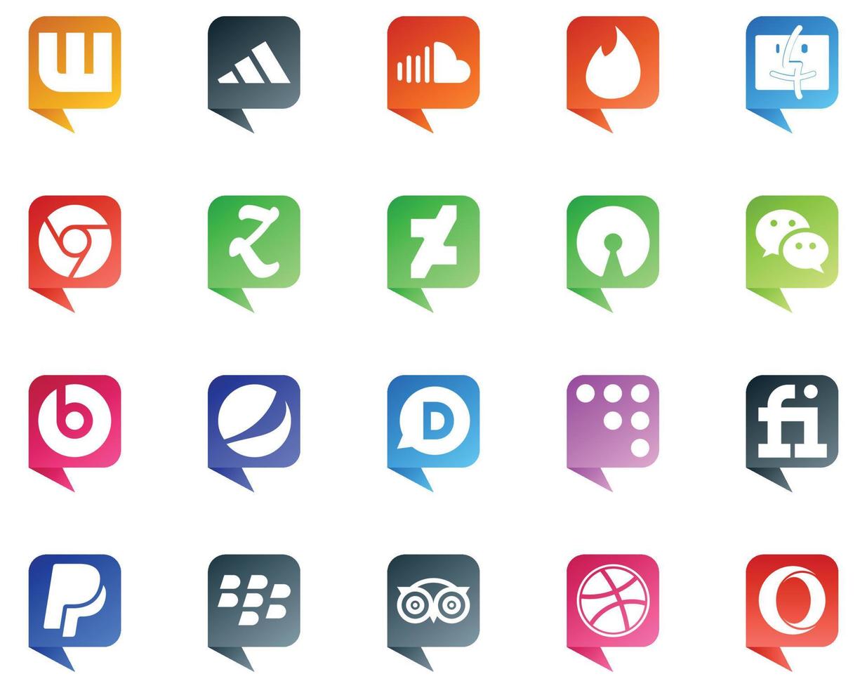 20 logotipos de estilo de burbujas de discurso de redes sociales como fiverr disqus zootool pepsi messenger vector