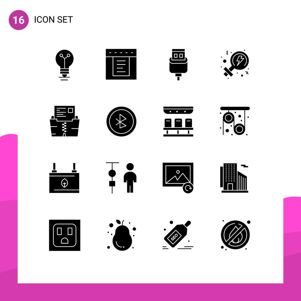 User Interface Pack of 16 Basic Solid Glyphs of file data charge zip power Editable Vector Design Elements