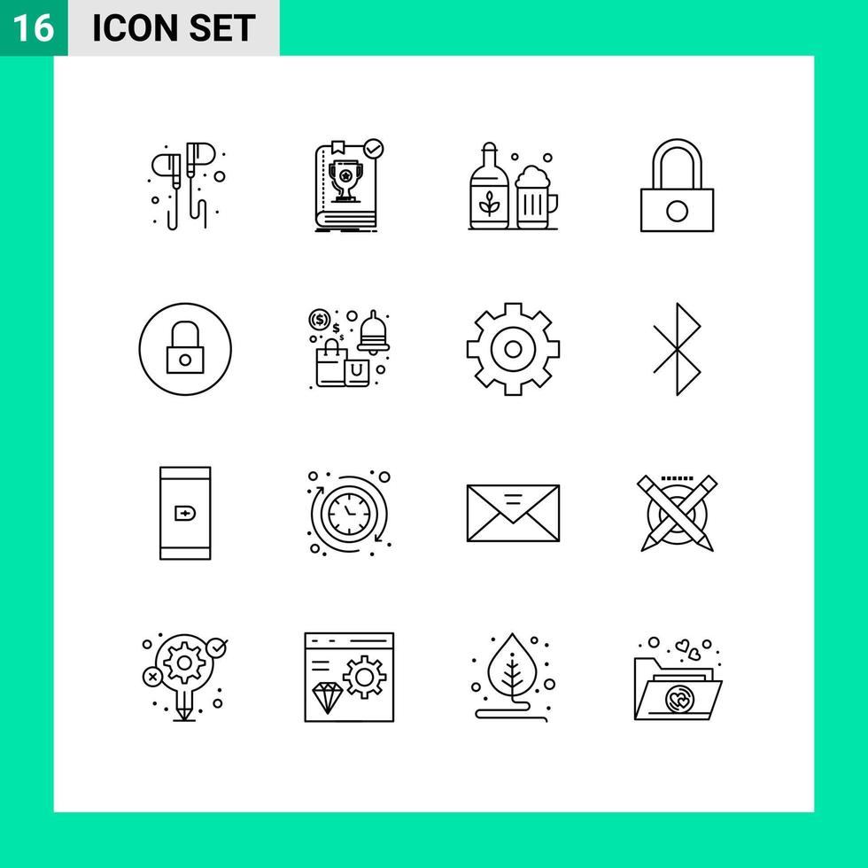 16 User Interface Outline Pack of modern Signs and Symbols of lock password rule lock cup Editable Vector Design Elements