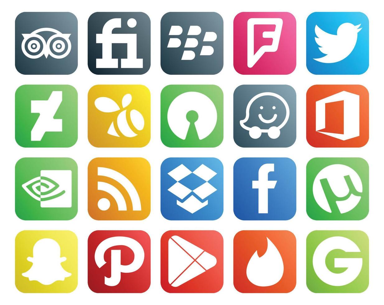 paquete de 20 íconos de redes sociales que incluye snapchat facebook swarm dropbox nvidia vector