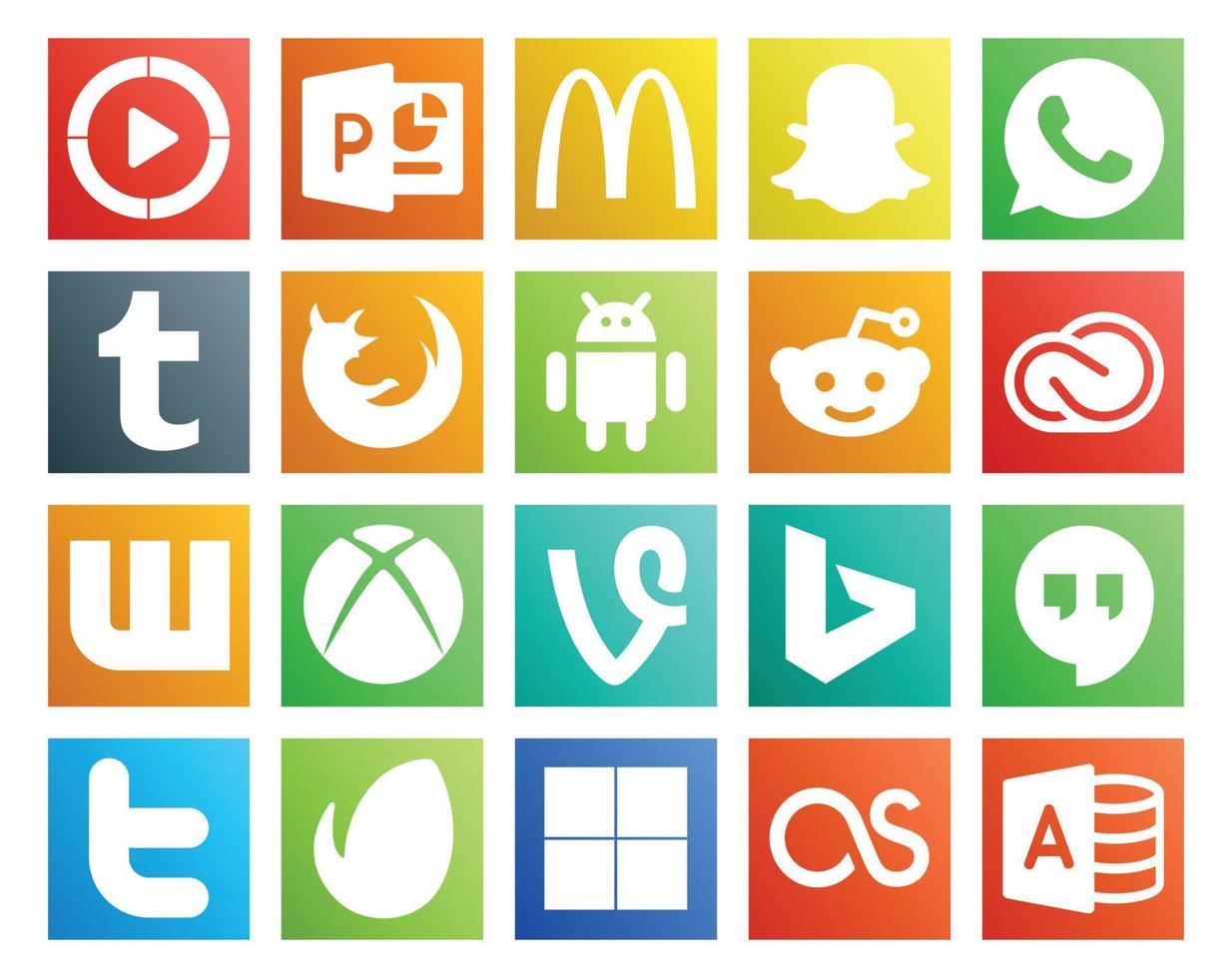 Paquete de 20 íconos de redes sociales que incluye el navegador bing xbox wattpad cc vector