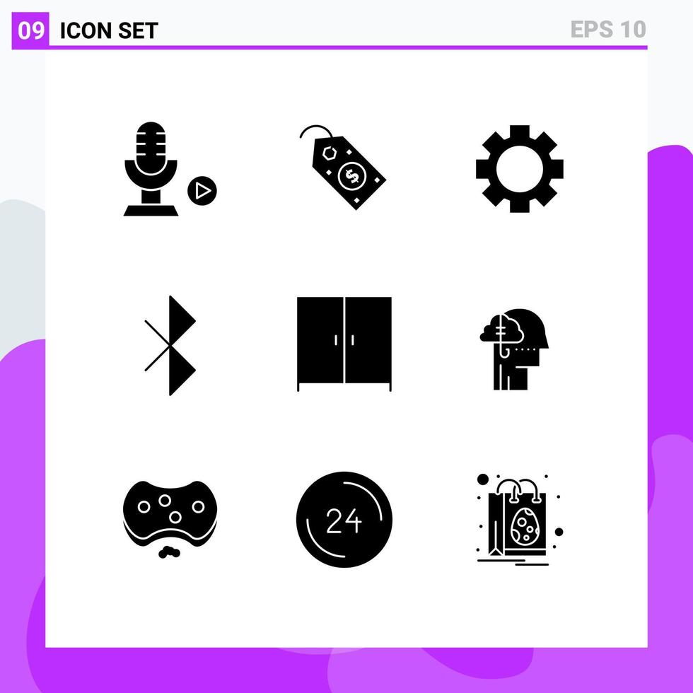 Mobile Interface Solid Glyph Set of 9 Pictograms of borrowing ideas interior gear furniture connection Editable Vector Design Elements