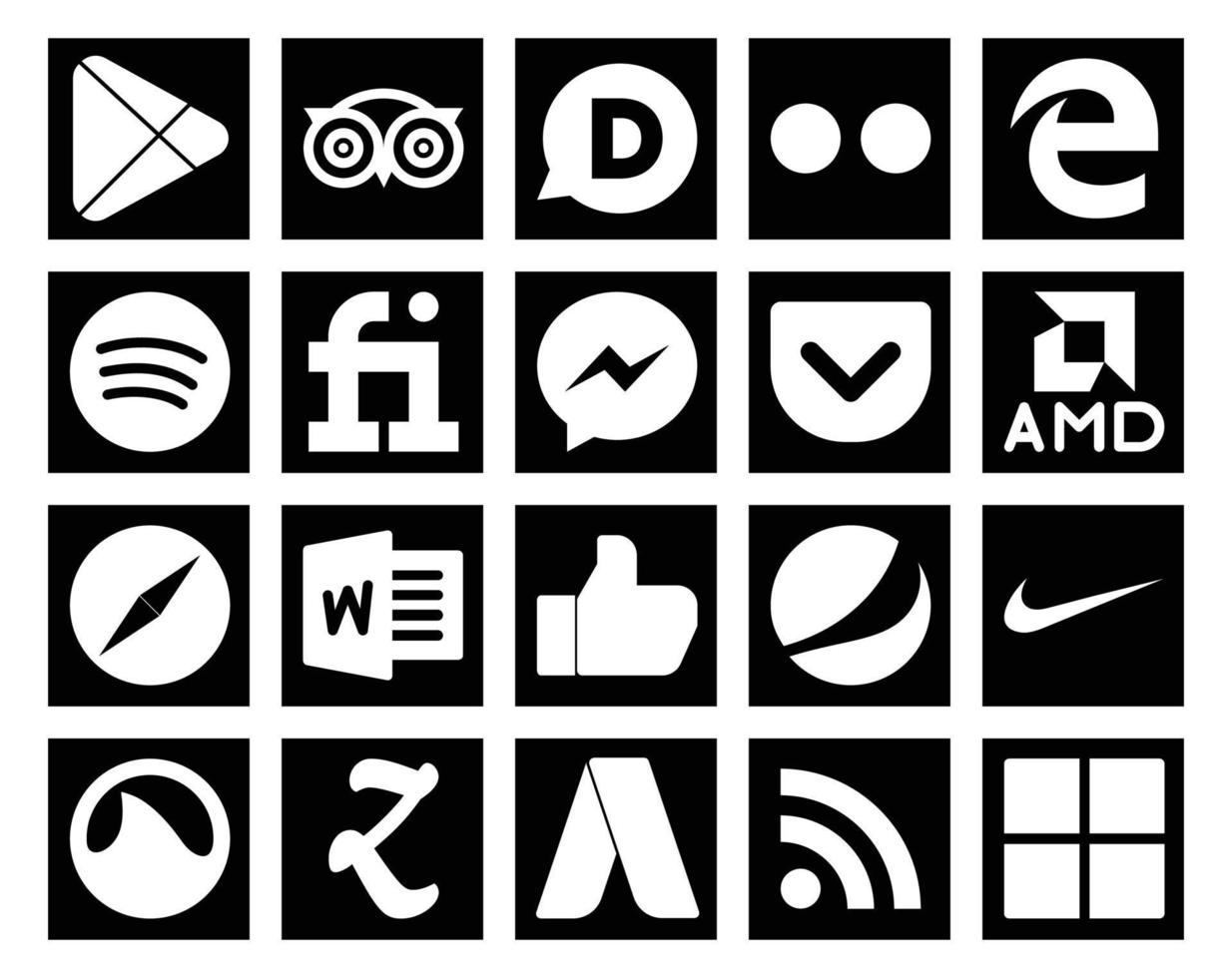 paquete de 20 íconos de redes sociales que incluye nike como fiverr word safari vector