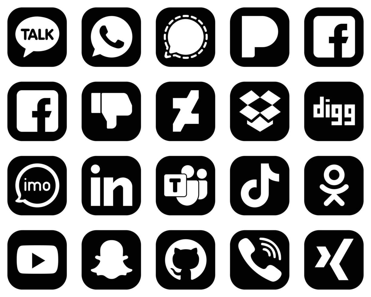 20 elegantes íconos blancos de redes sociales sobre fondo negro, como audio. iconos de imo y dropbox. llamativo y editable vector