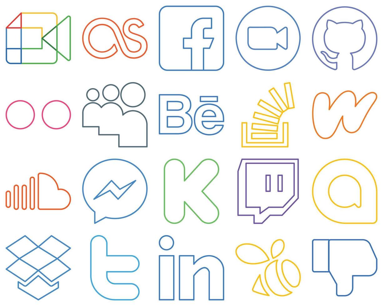 20 Clean and modern Colourful Outline Social Media Icons such as question. behance. video. myspace and flickr Fully customizable and high-quality vector