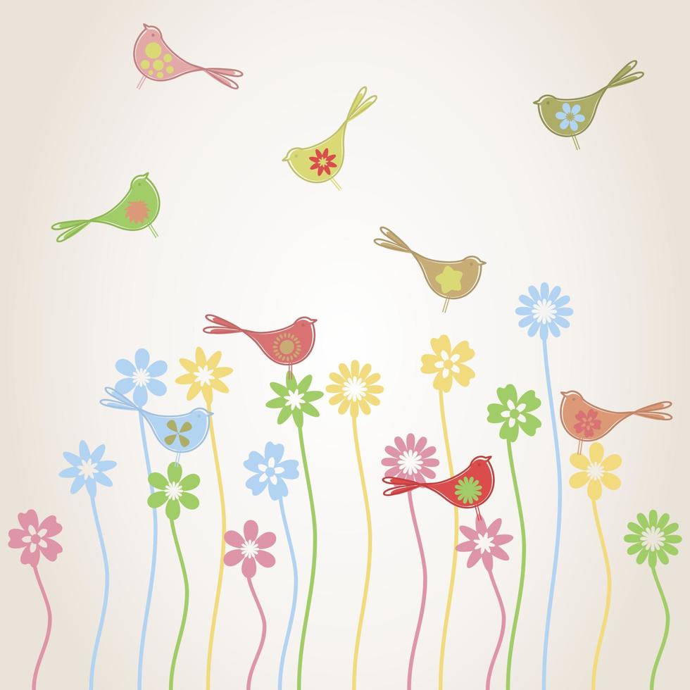 Birds fly over a glade with plants. A vector illustration