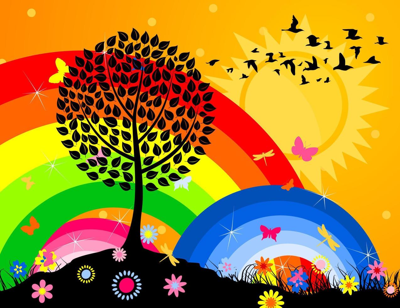 Silhouette of a tree against a rainbow and the bright sky. A vector illustration