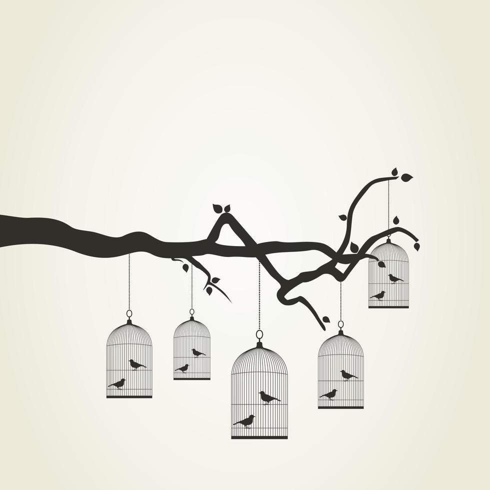 Bird in a cage and flowers. A vector illustration