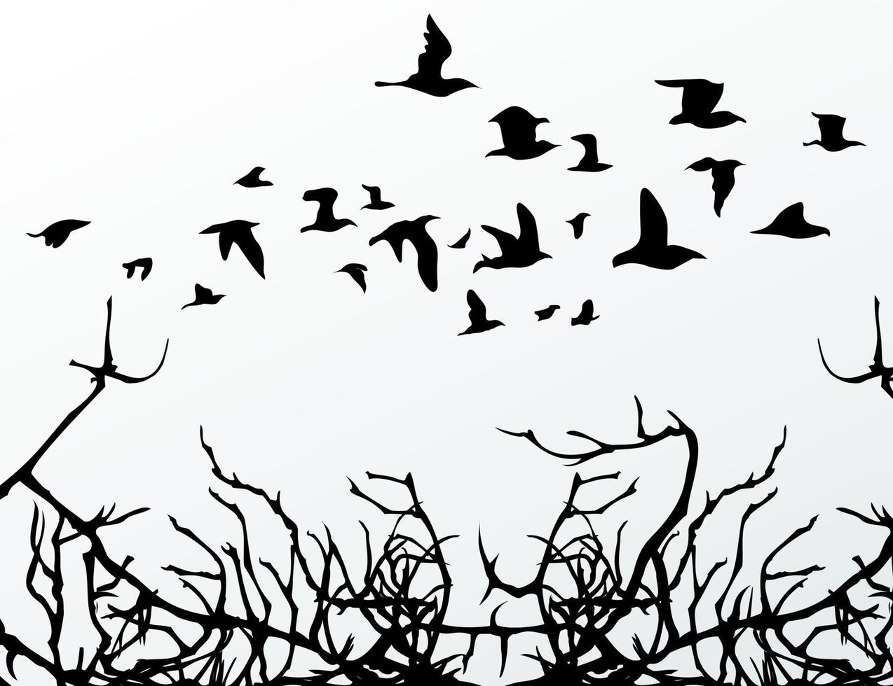 The flight of birds flies over wood. A vector illustration