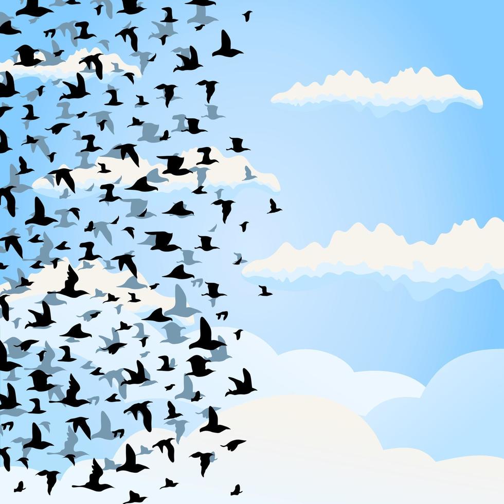 The flight of birds flies over wood. A vector illustration