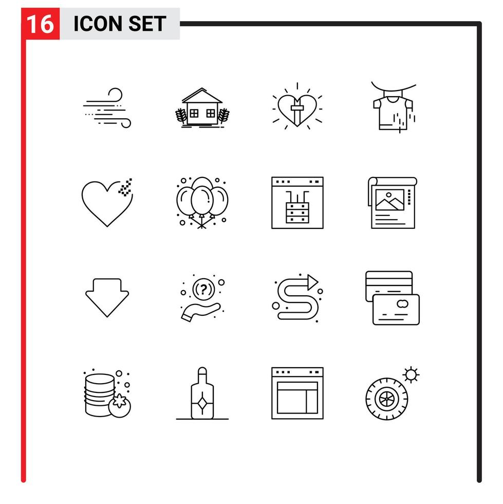 Modern Set of 16 Outlines Pictograph of heart drying farming clothes christian Editable Vector Design Elements