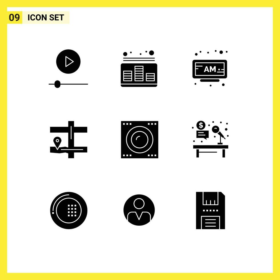 Modern Set of 9 Solid Glyphs Pictograph of gadgets pin sound navigation time Editable Vector Design Elements