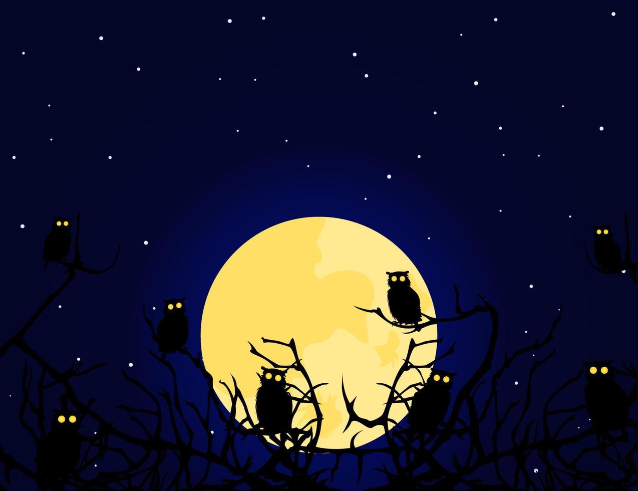 Owls hide behind a tree at night. A vector illustration