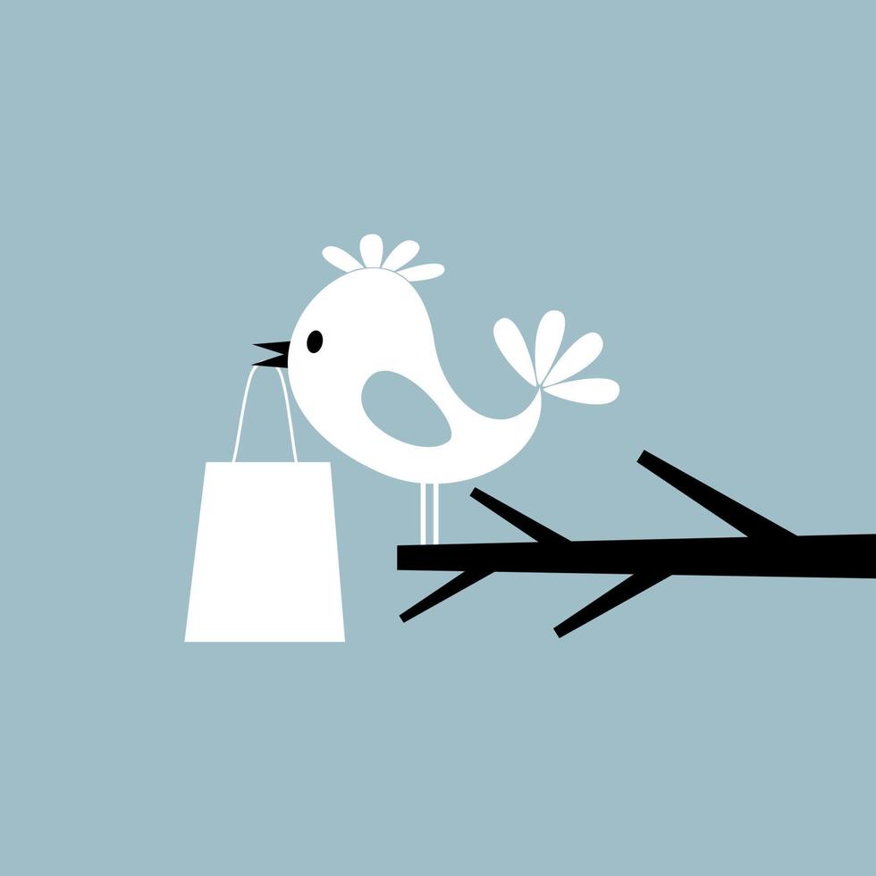 The bird sits on a tree and holds a package. A vector illustration