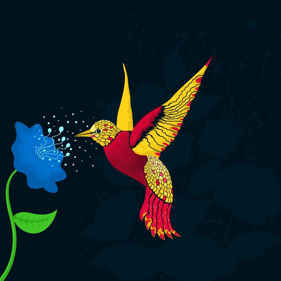 Hummingbird feeds on the pollen of a flower. Vector illustration
