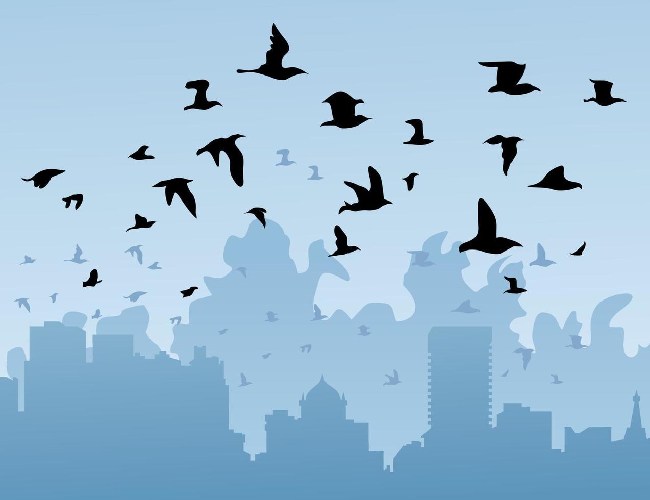 The flight of birds flies over wood. A vector illustration
