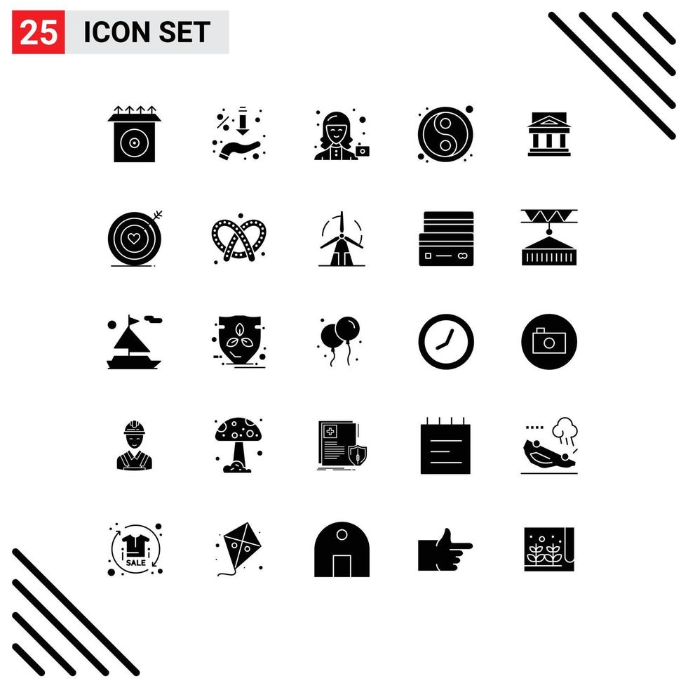 Pack of 25 Modern Solid Glyphs Signs and Symbols for Web Print Media such as yin yang new avatar lunar user Editable Vector Design Elements