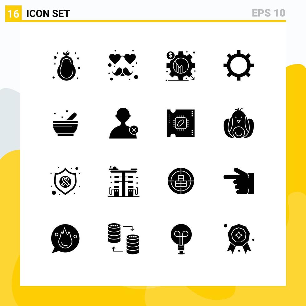Set of 16 Vector Solid Glyphs on Grid for delete soup business bowl finance Editable Vector Design Elements