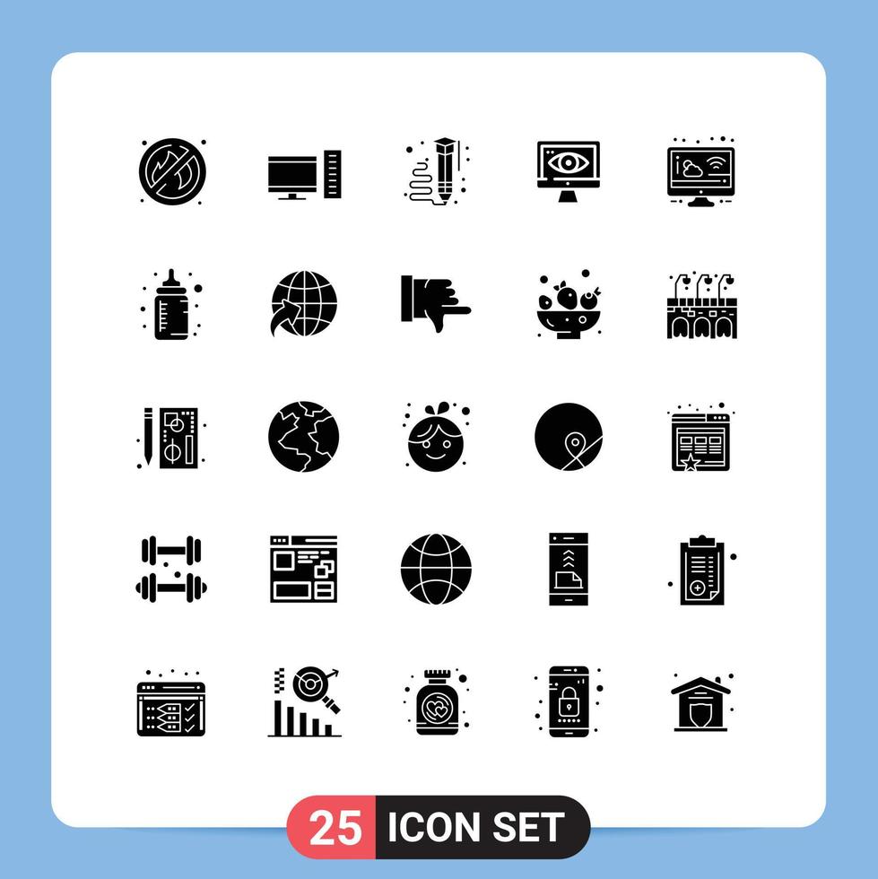 25 Thematic Vector Solid Glyphs and Editable Symbols of screen cloud draw surveillance computer Editable Vector Design Elements
