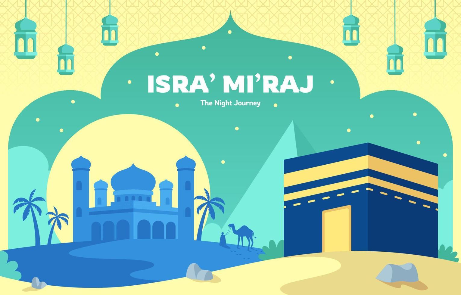 fondo de isra mi'raj con kaaba y mezquita vector