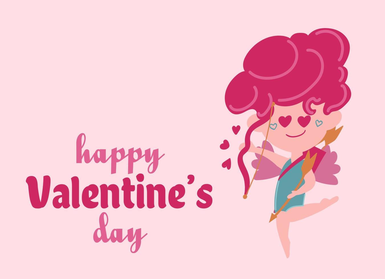 cartel de feliz día de san valentín con ángel cupido, corazones y confeti. fondo festivo para el 14 de febrero con letras a mano. diseño vectorial para postales, material publicitario, sitios web. vector