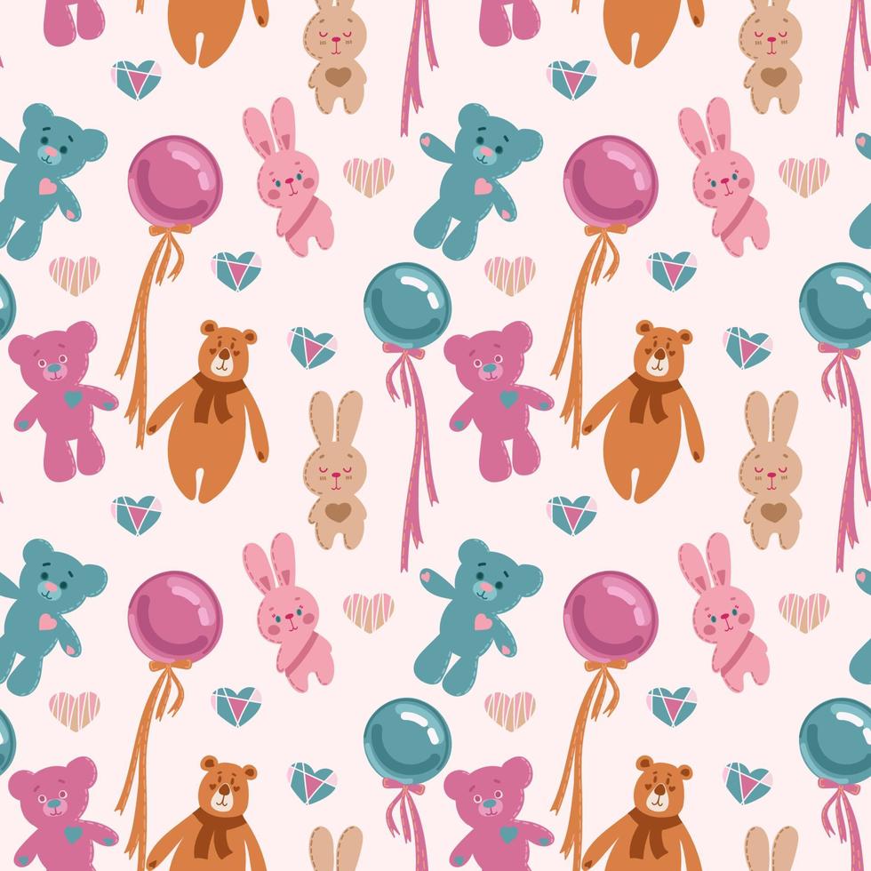 Cute pattern with soft toys and balls. Can be used for the design of fabric print, wrapping paper, or romantic greeting cards. vector