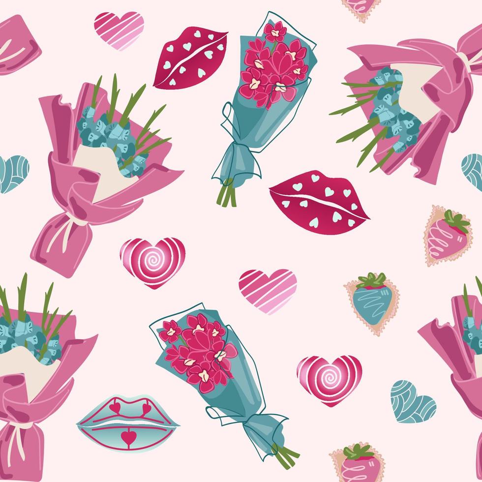 Valentine s Day seamless pattern. A print with bouquets of flowers, lips, hearts, and chocolate-covered strawberries. Can be used for the design of fabric print, wrapping paper vector