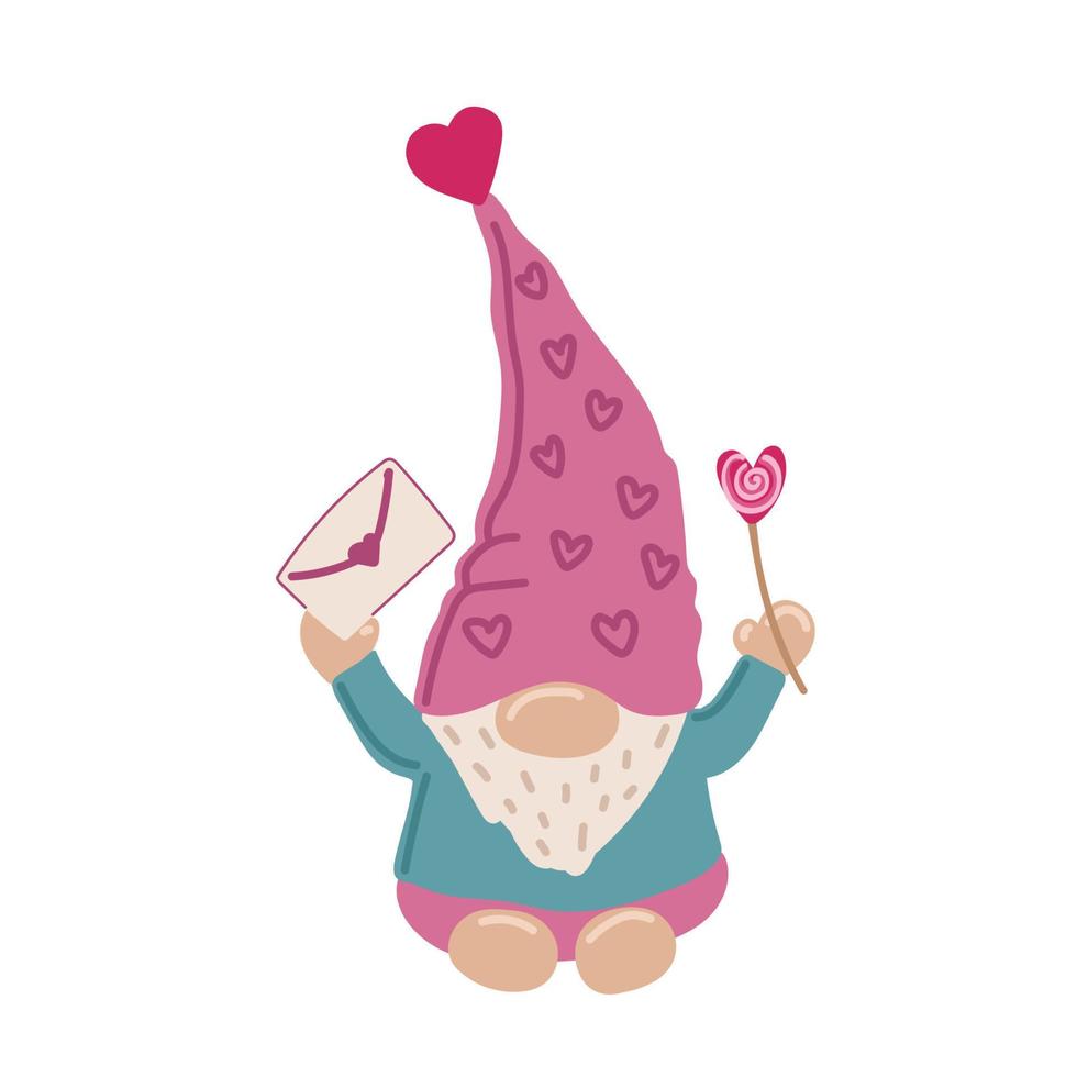lindo gnomo de valentime con corazón en sombrero rojo para tarjetas de san valentín, regalos, camisetas, tazas, pegatinas, artesanías de scrapbooking y diseño. vector