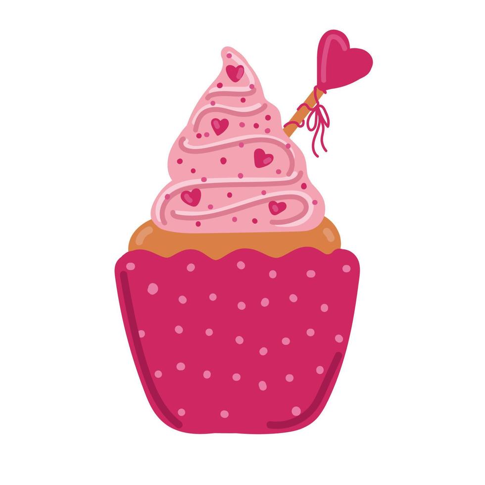 Valentine cupcake icon with heart shaped cherry in flat style isolated on white background. Love concept. Vector illustration.