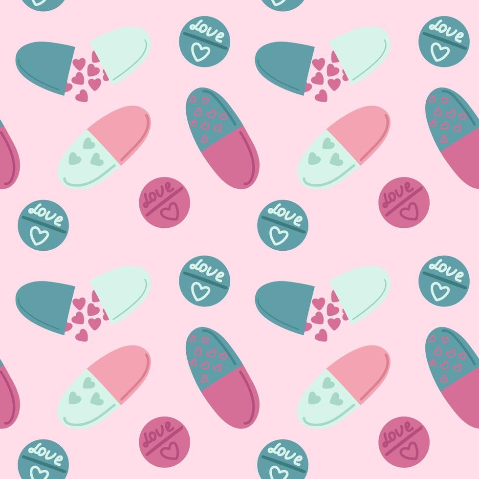 Lovely seamless pattern with medical pills marked by heart symbol conveys love like drugs theme. Perfect romantic background for Valentine s Day. Shades of red color. Stock vector. vector