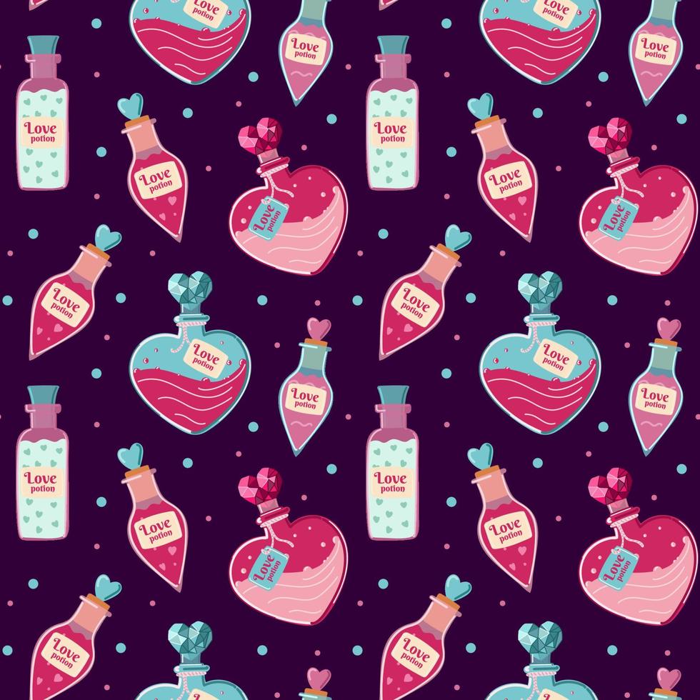 Love potion seamless pattern. Hand draw cartoon magic bottles. Witchcraft symbols texture. Halloween design. Perfect for wrap paper, wallpaper, background and seasonal textile. Vector illustration