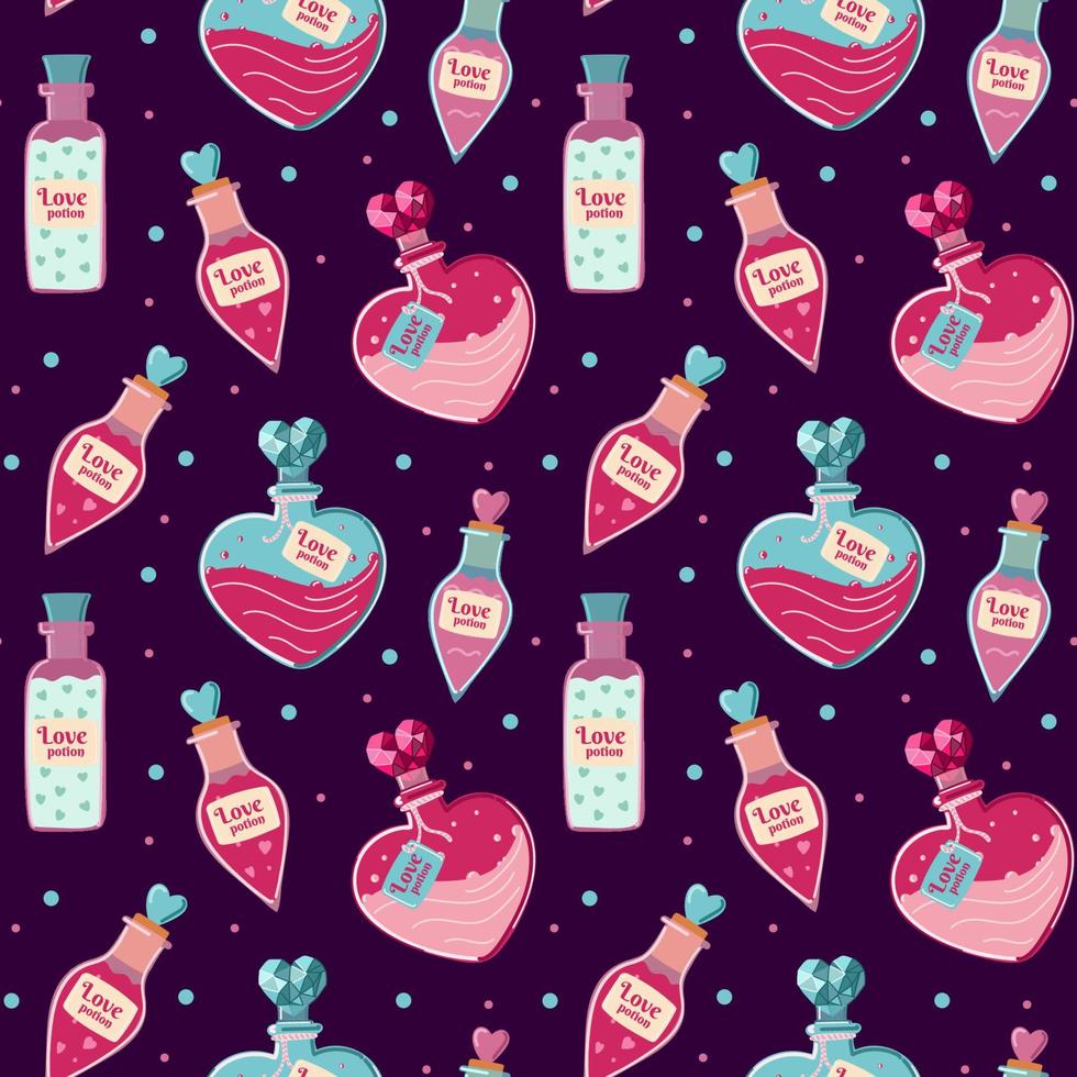 Love potion seamless pattern. Hand draw cartoon magic bottles. Witchcraft symbols texture. Halloween design. Perfect for wrap paper, wallpaper, background and seasonal textile. Vector illustration