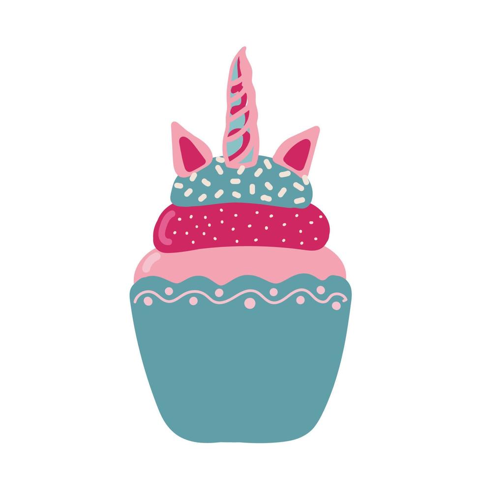 lindo cupcake de unicornio sobre un fondo blanco. unicake es un divertido juego de palabras unicornio y pastel. se puede usar para pegatinas, parches, fundas de teléfonos, afiches, camisetas, tazas y otros diseños. vector