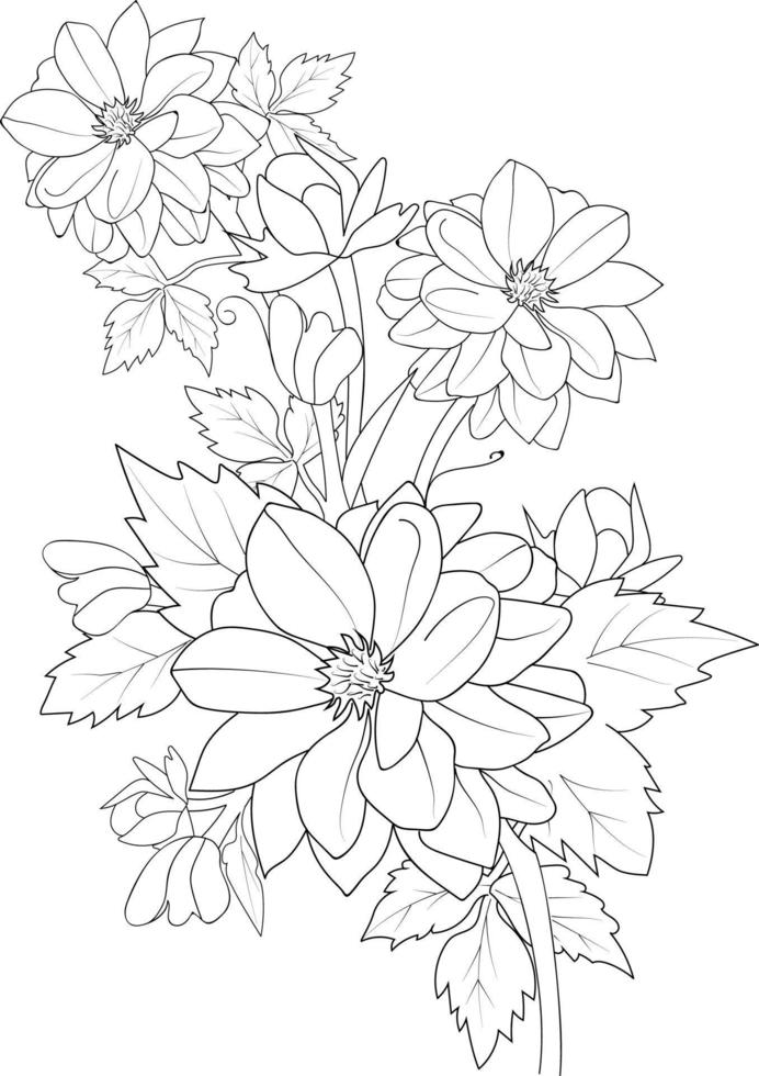 Dahlia flower tattoo, black and white vector sketch illustration of floral ornament bouquet of waterlily dahlia simplicity, Embellishment, zentangle design element of card of printing coloring pages.