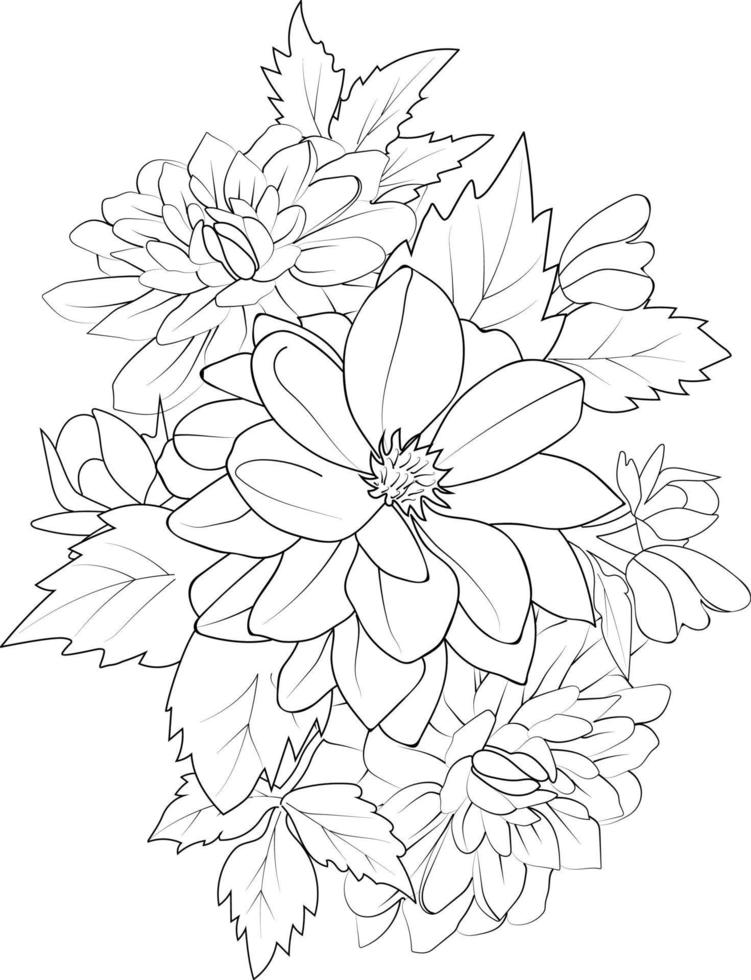 dibujo de flores de dalia, estilo vintage impreso para lindas páginas para colorear flores. ilustración vectorial de una hermosa flor con un ramo de dalia de nenúfares y hojas. aislado sobre fondo blanco. vector