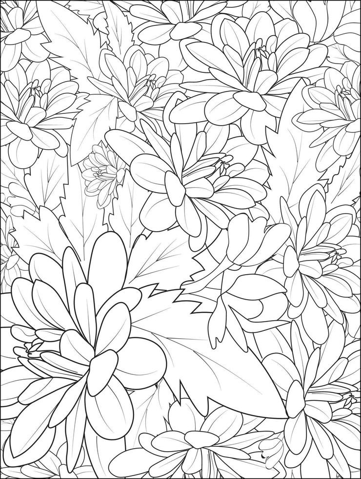 Pattern with flowers of dahlia. Outline print with blossoms, leaves, and buds on a white. A drawing with ink contours of waterlily dahlia. Tropical trendy exotic floral poster or coloring pages. vector