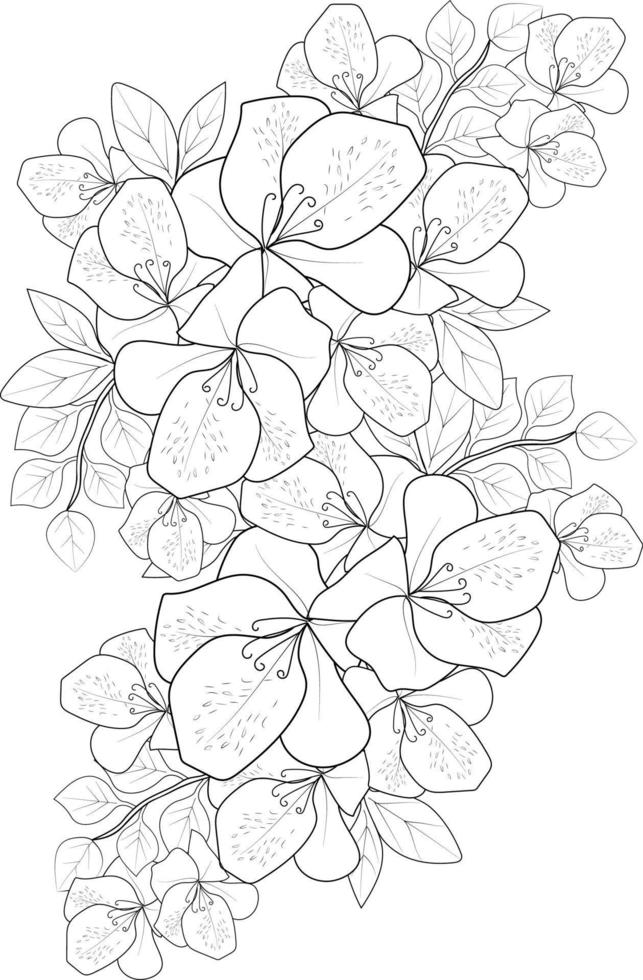 Hand-drawn beautiful evergreen Azalea Rani, flower bouquets, Flower zen doodle art easy sketches flowers decorative  outline design coloring pages for adults vector