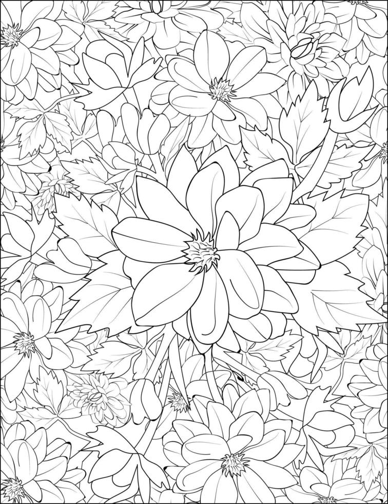 Pattern with flowers of dahlia. Outline print with blossoms, leaves, and buds on a white. A drawing with ink contours of waterlily dahlia. Tropical trendy exotic floral poster or coloring pages. vector