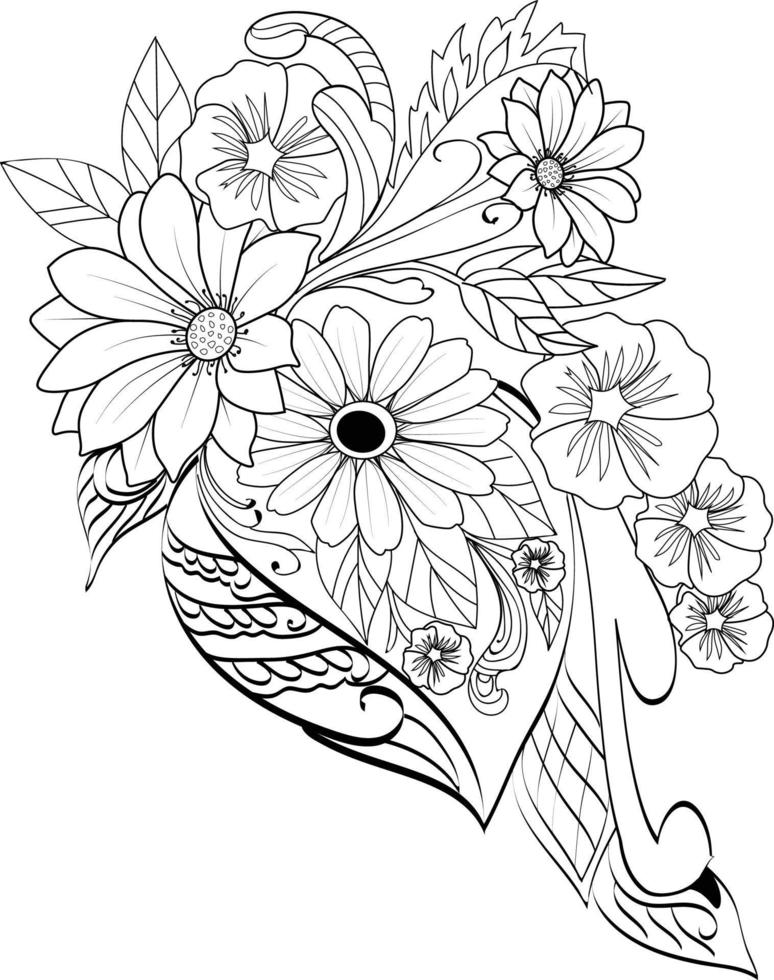 Doodle flowers zen tangle art easy sketches tattooing vector sketch, hand drew outline design coloring pages for adults