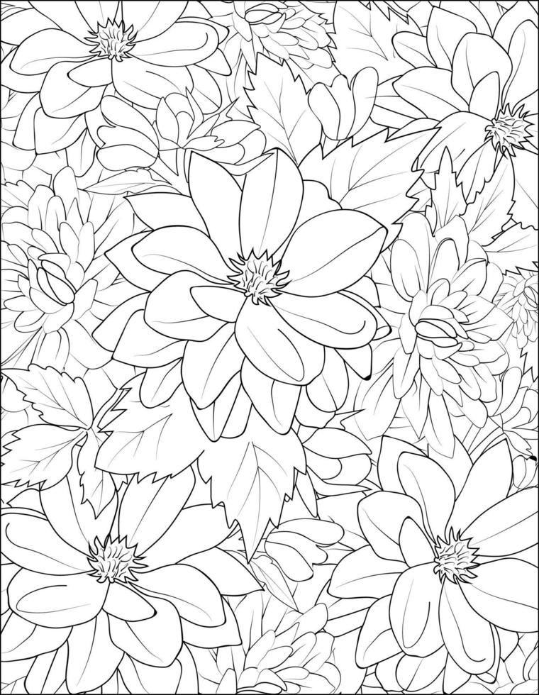 Seamless vector floral pattern. Vector illustration of a beautiful botanical background, botanical waterlily dahlia, floral pattern illustration for coloring book or page, dahlia flower sketch art.