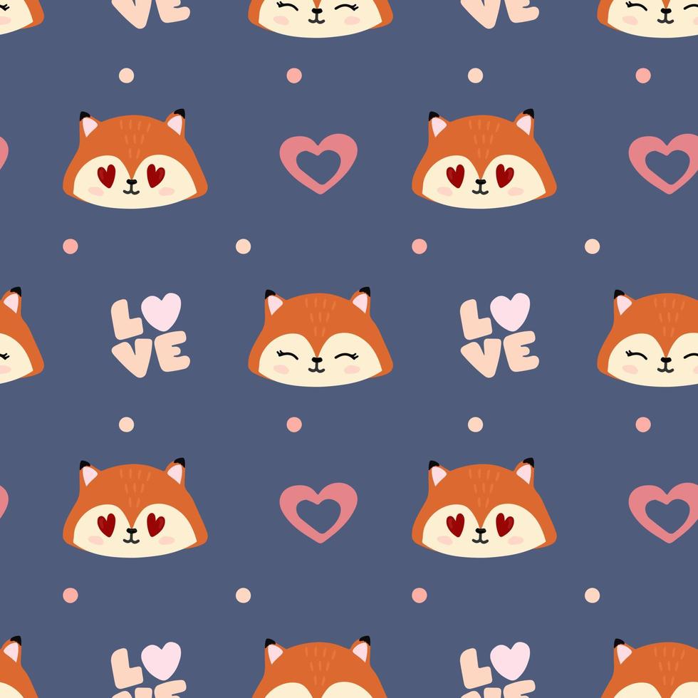 Seamless pattern with foxes, hearts on blue  background. Background for wrapping paper, textile, posters, cards.  Happy Valentine's Day. vector