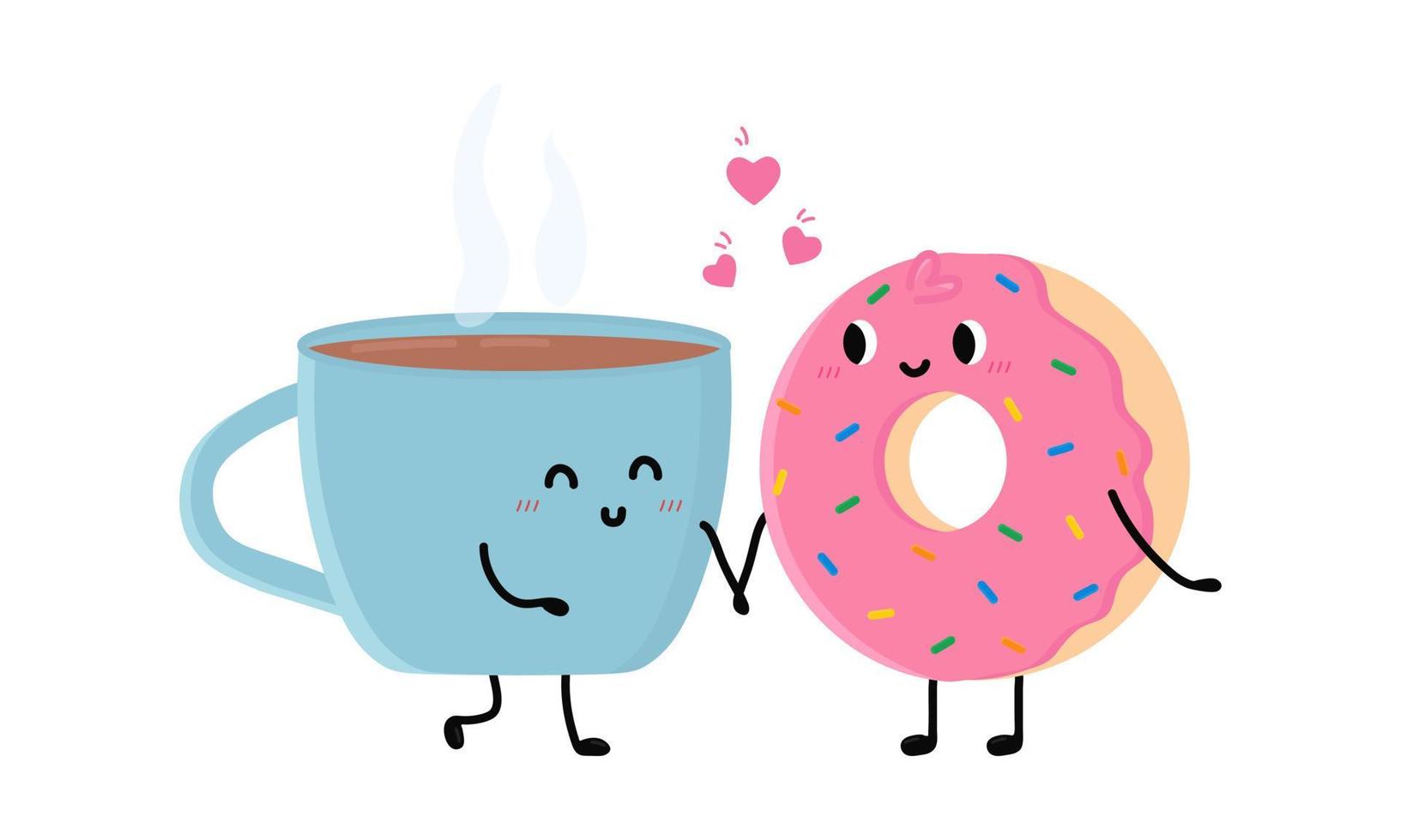 Cute cup of tea and donut falling in love. Love and Valentine's Day concept. Illustration isolated on white background. vector