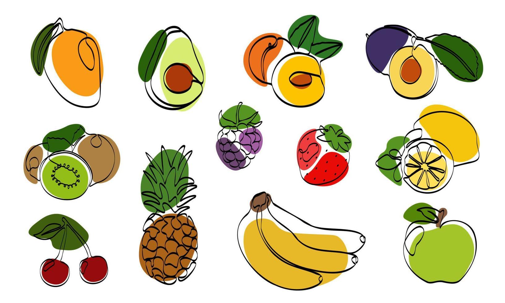 Continuous one line drawing fruits. Vector illustration. Black line art on white background with colorful spots. Set with cartoon fruits isolated on white background.  Vegan concept