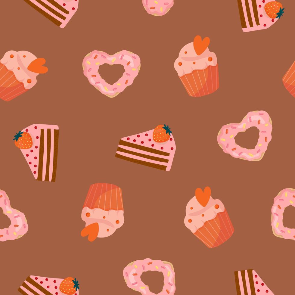 patrón sin costuras con donut, muffin, pastel en forma de corazón de dibujos animados. fondo para envolver papel, textil, carteles, tarjetas. vector